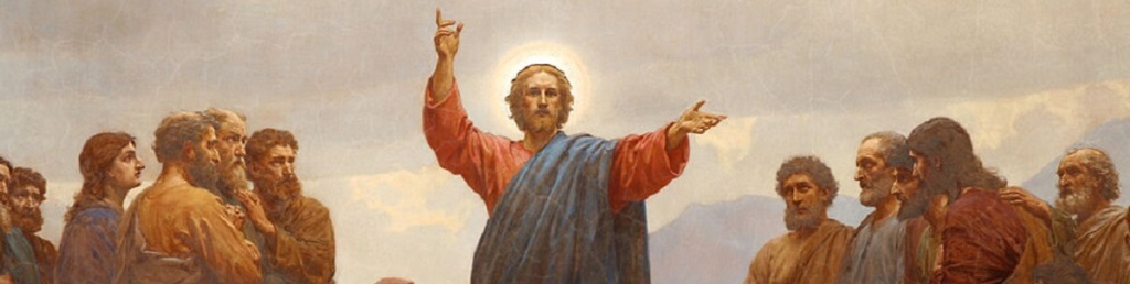 A painting of jesus holding his arms up.